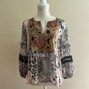 Anthropologie Grey & Red Multi Print Semi Sheer Long Sleeve Shirt Size: S